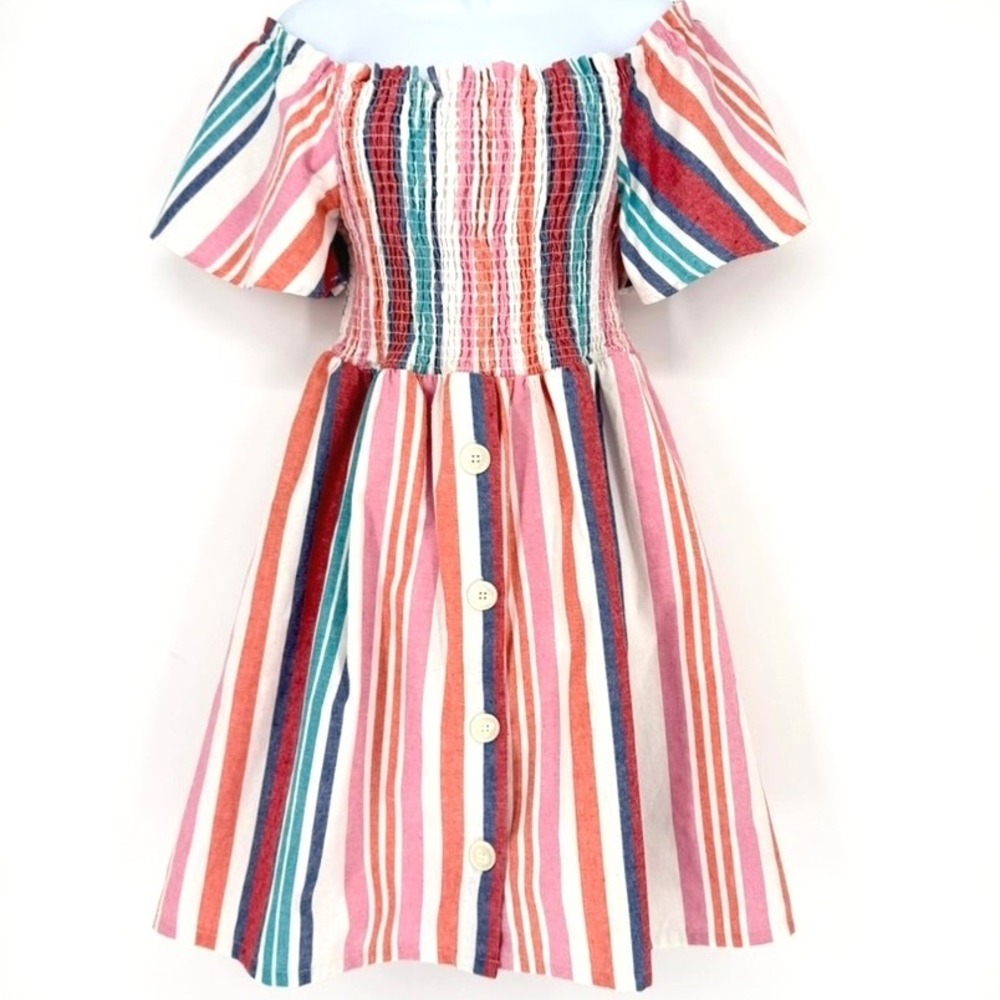 Robert Louis Womens L Smocked Off Shoulder Striped Linen Mini Dress Girly Picnic